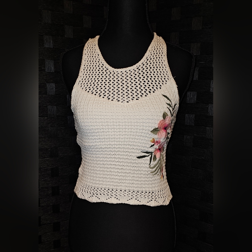 Hollister Cream Knit Crop Top with Floral Embroidery